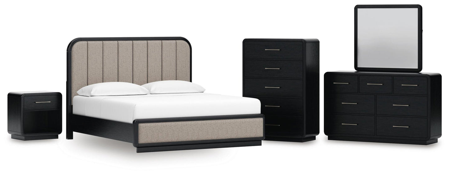 Rowanbeck King Upholstered Panel Bed, Dresser, Mirror, Chest and Nightstand