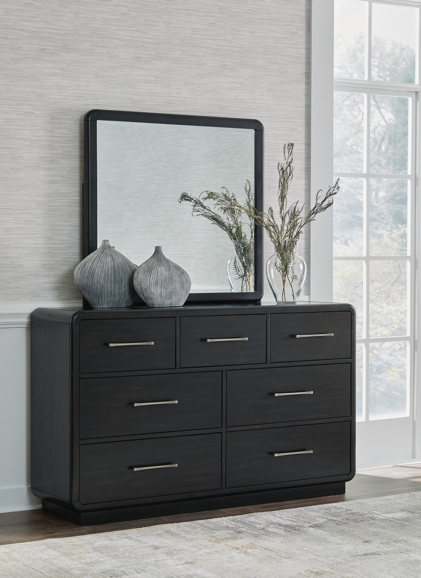 Rowanbeck King Upholstered Panel Bed, Dresser, Mirror, Chest and Nightstand