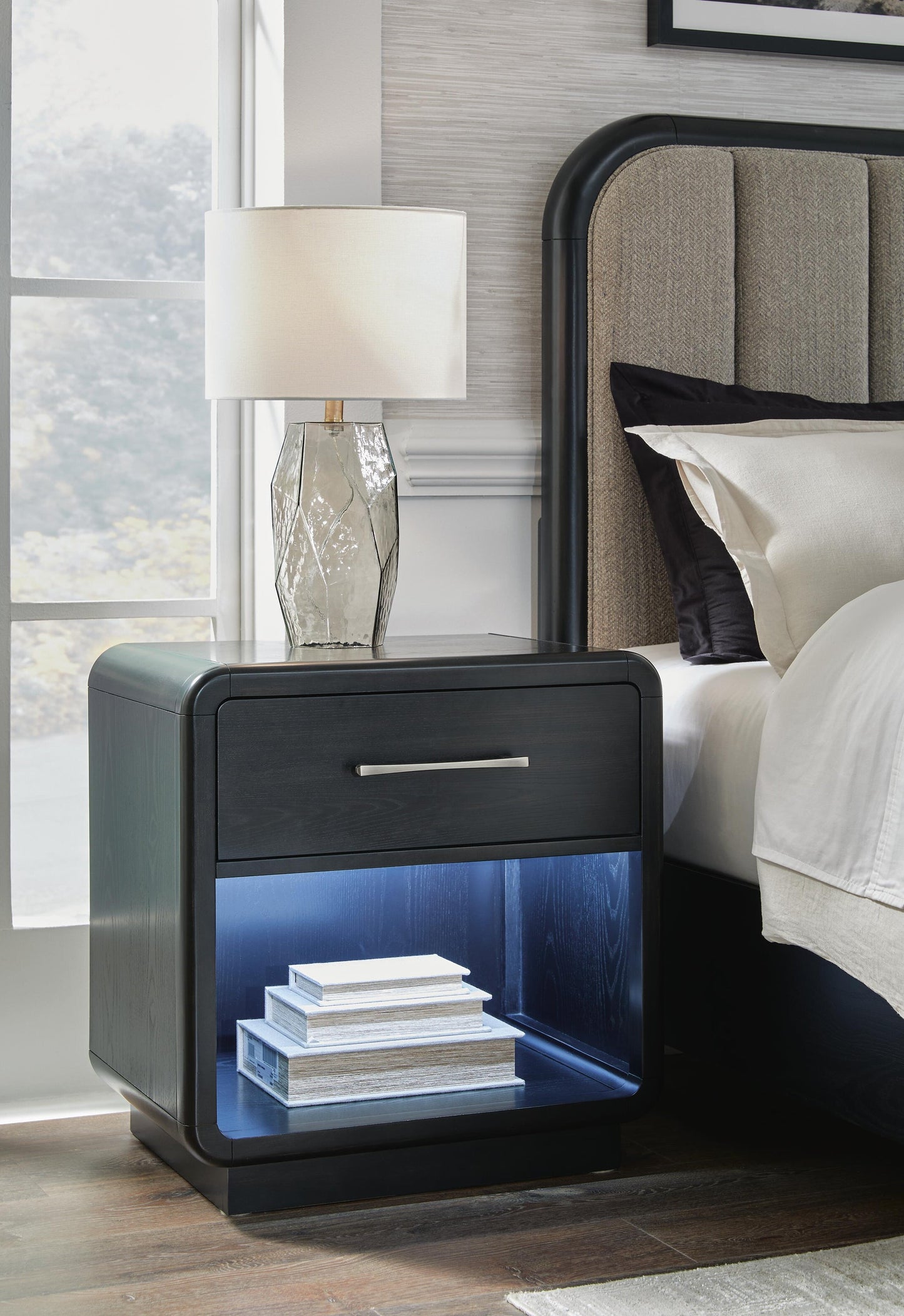 Rowanbeck King Upholstered Panel Bed, Dresser, Mirror, Chest and Nightstand