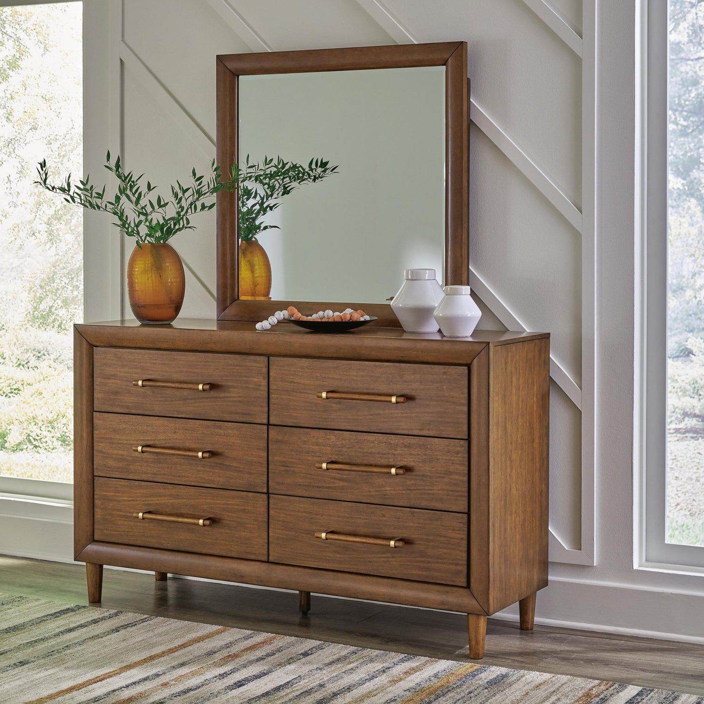 Lyncott Queen Upholstered Panel Bed, Dresser, Mirror, Chest and Nightstand