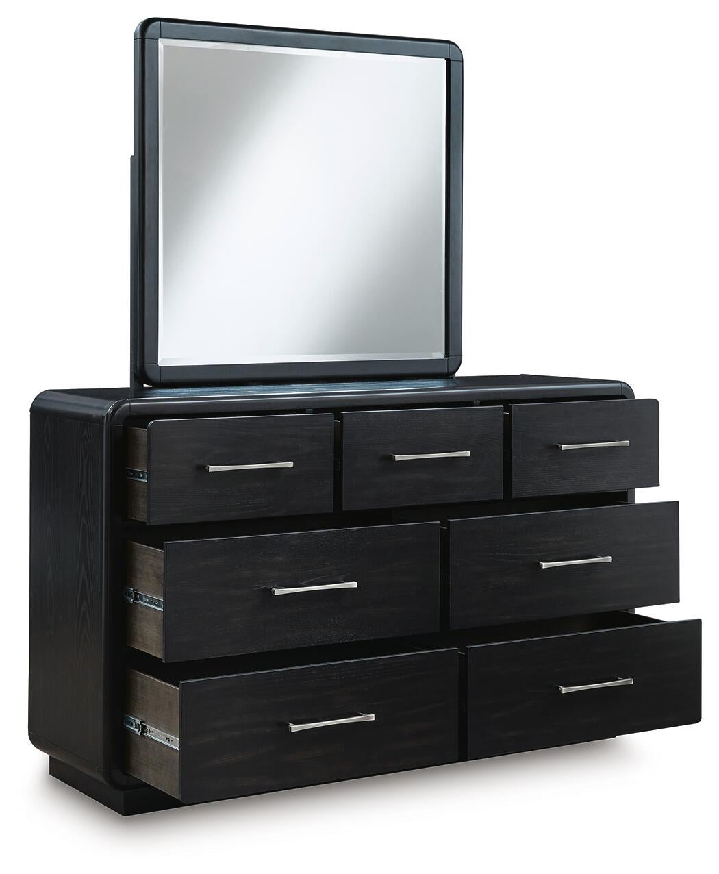 Rowanbeck California King Upholstered Panel Bed, Dresser, Mirror, Chest and Nightstand