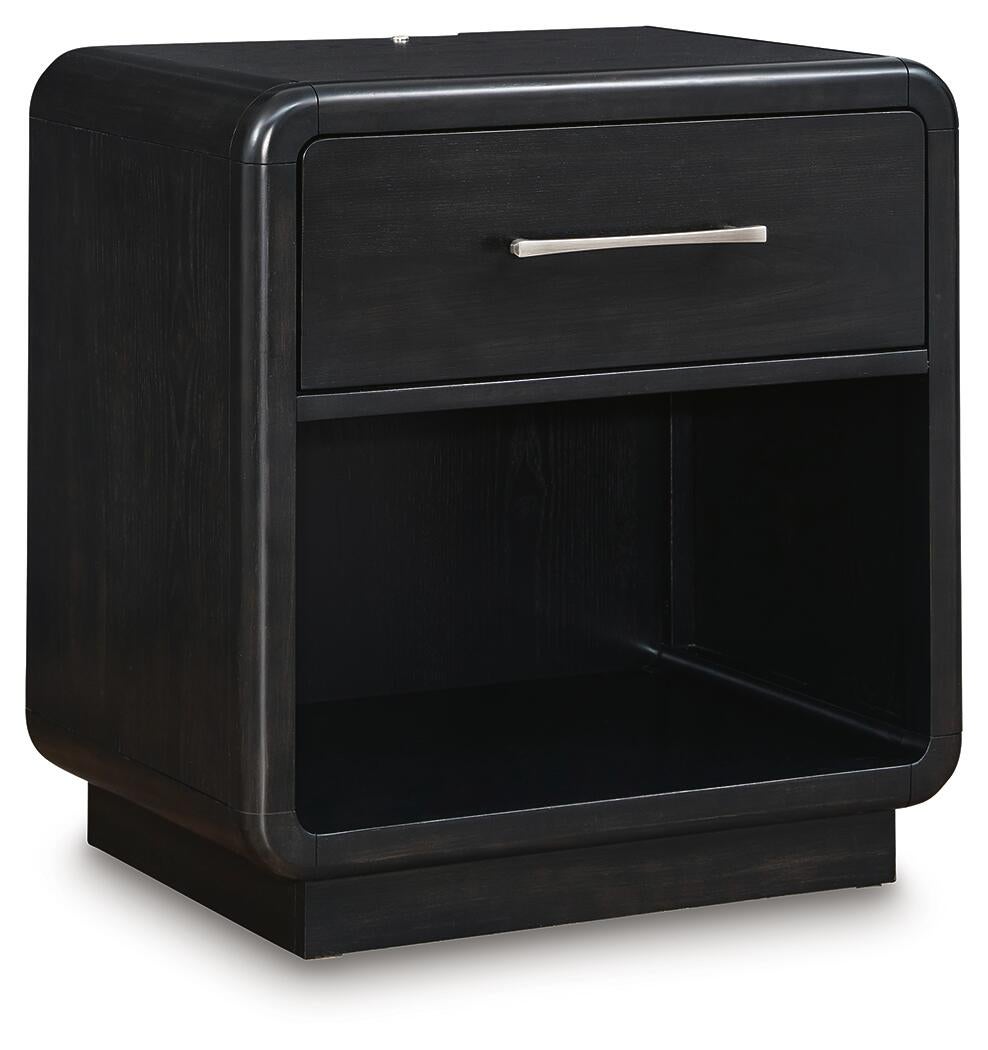 Rowanbeck California King Upholstered Panel Bed, Dresser, Mirror, Chest and Nightstand