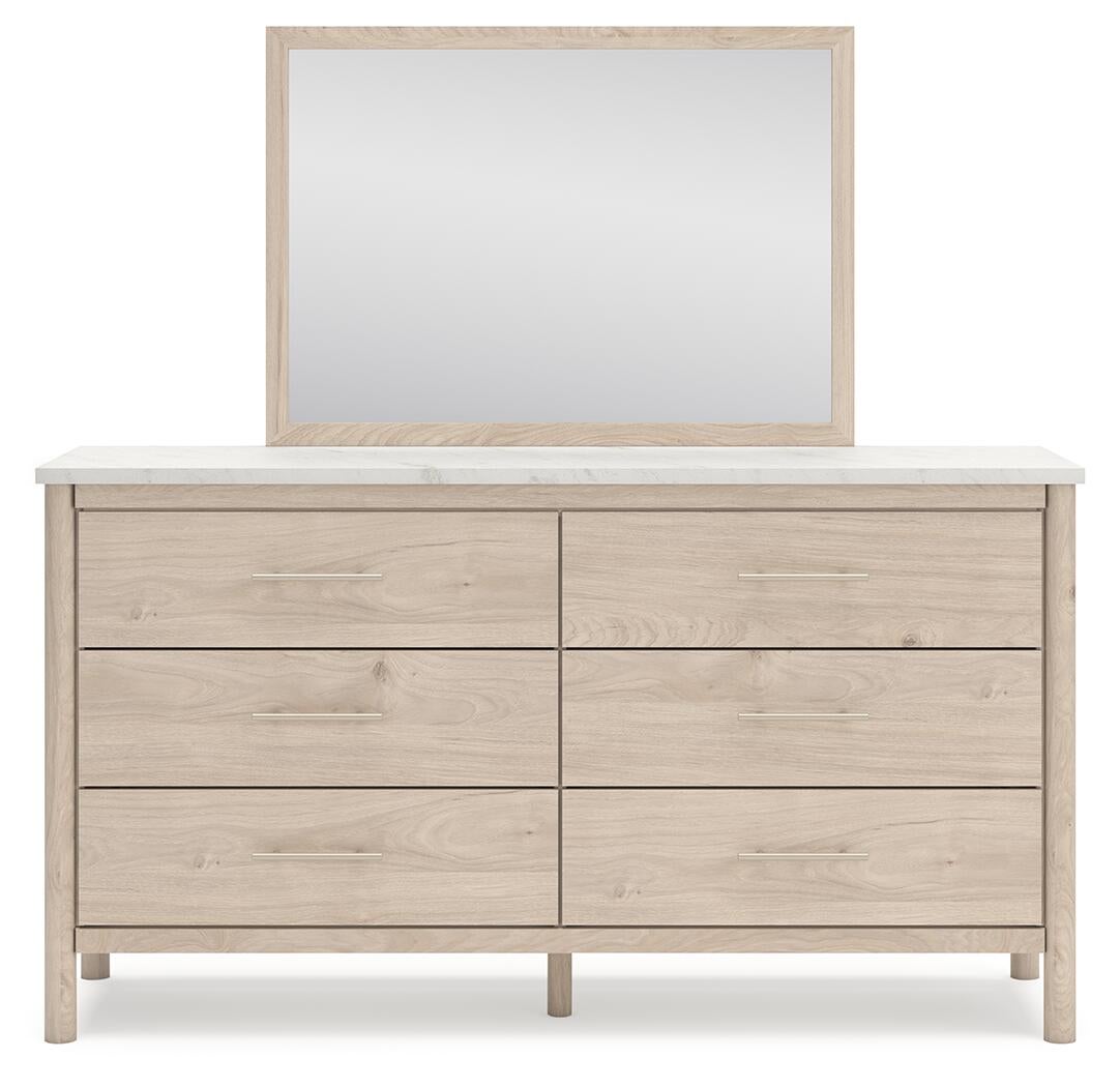 Cadmori Queen Upholstered Panel Bed with Mirrored Dresser, Chest and Nightstand