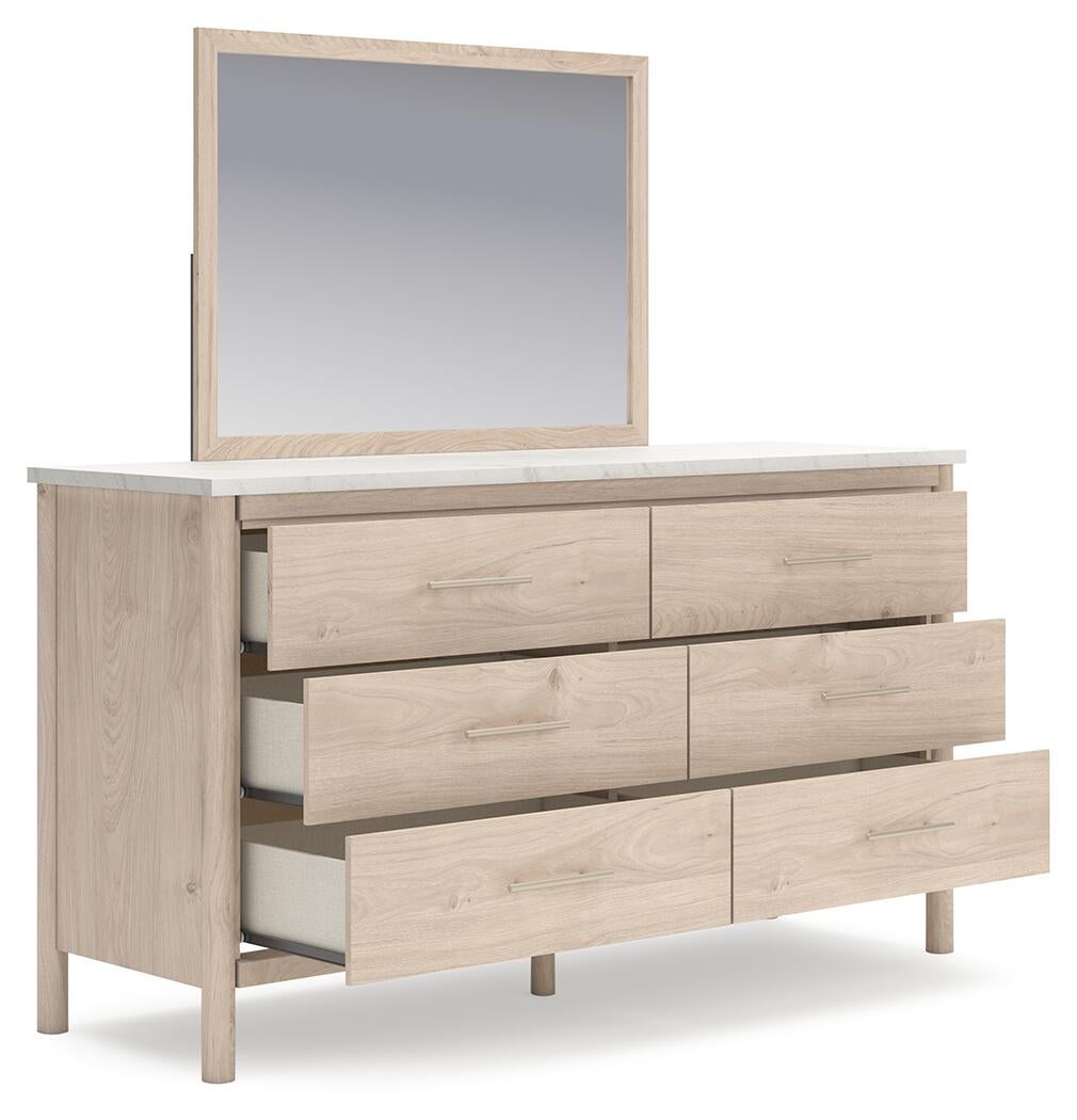 Cadmori Queen Upholstered Panel Bed with Mirrored Dresser, Chest and Nightstand