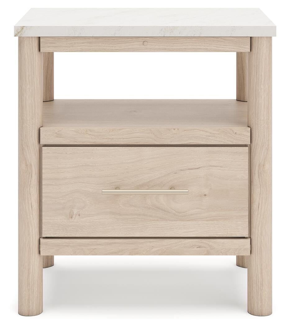 Cadmori Queen Upholstered Panel Bed with Mirrored Dresser, Chest and Nightstand