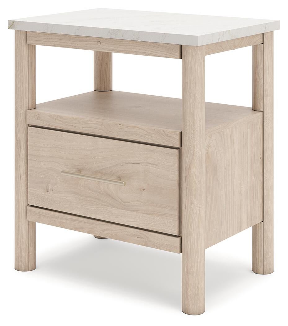 Cadmori Queen Upholstered Panel Bed with Mirrored Dresser, Chest and Nightstand