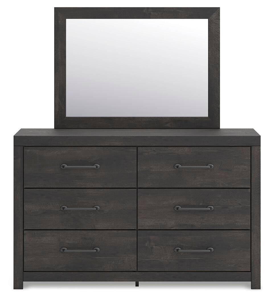 Delmorta Full Panel Bed with Storage, Dresser, Mirror, Chest and Nightstand