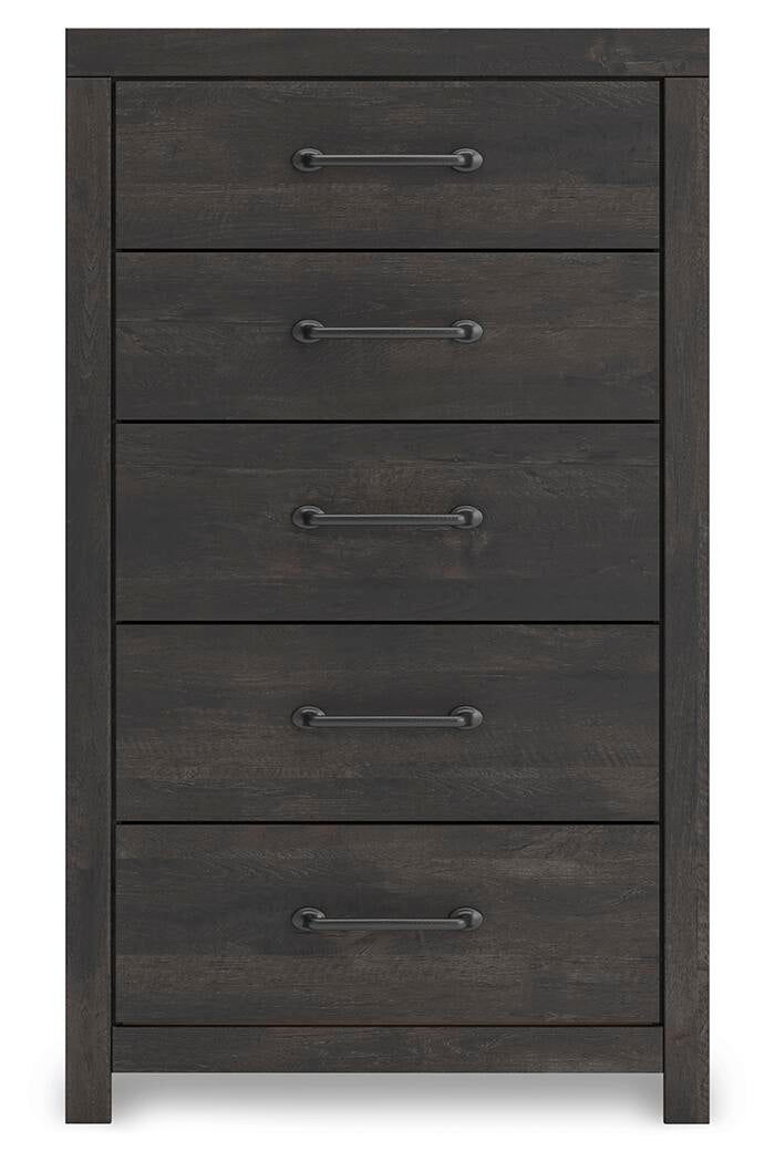Delmorta Full Panel Bed with Storage, Dresser, Mirror, Chest and Nightstand