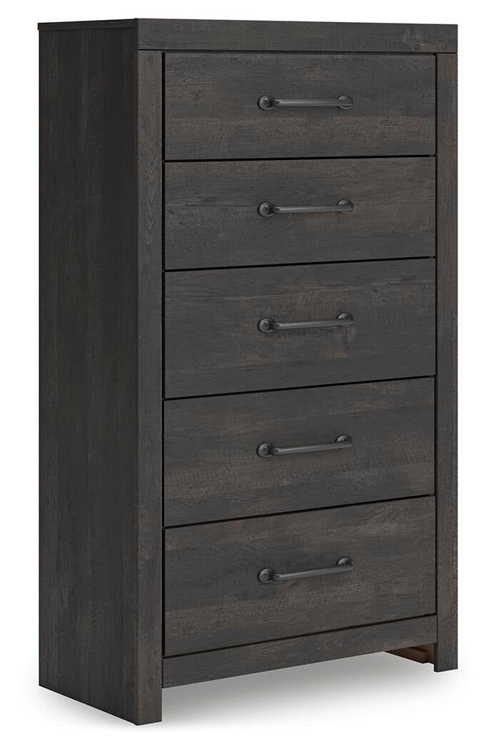 Delmorta Full Panel Bed with Storage, Dresser, Mirror, Chest and Nightstand