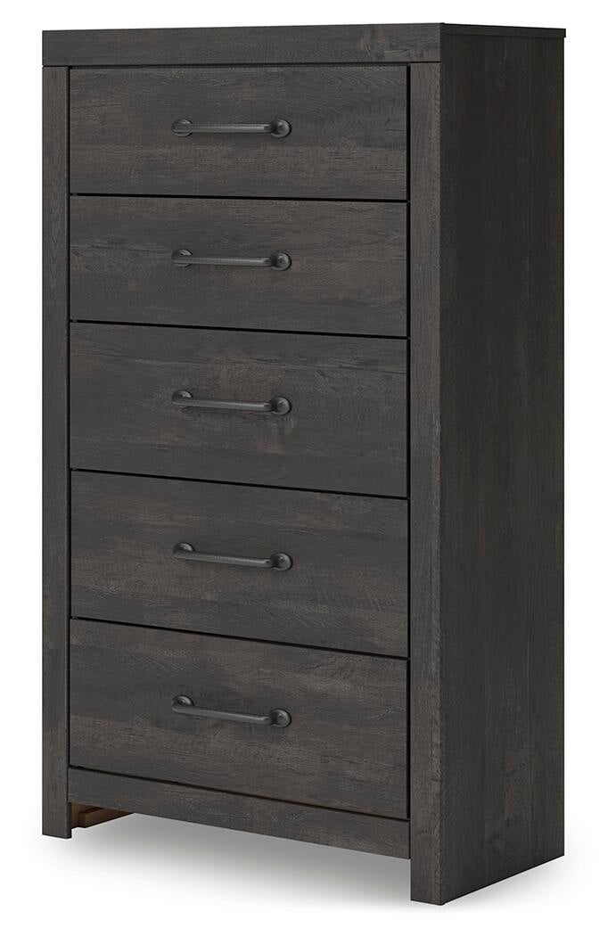 Delmorta Full Panel Bed with Storage, Dresser, Mirror, Chest and Nightstand