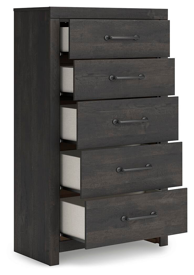 Delmorta Full Panel Bed with Storage, Dresser, Mirror, Chest and Nightstand