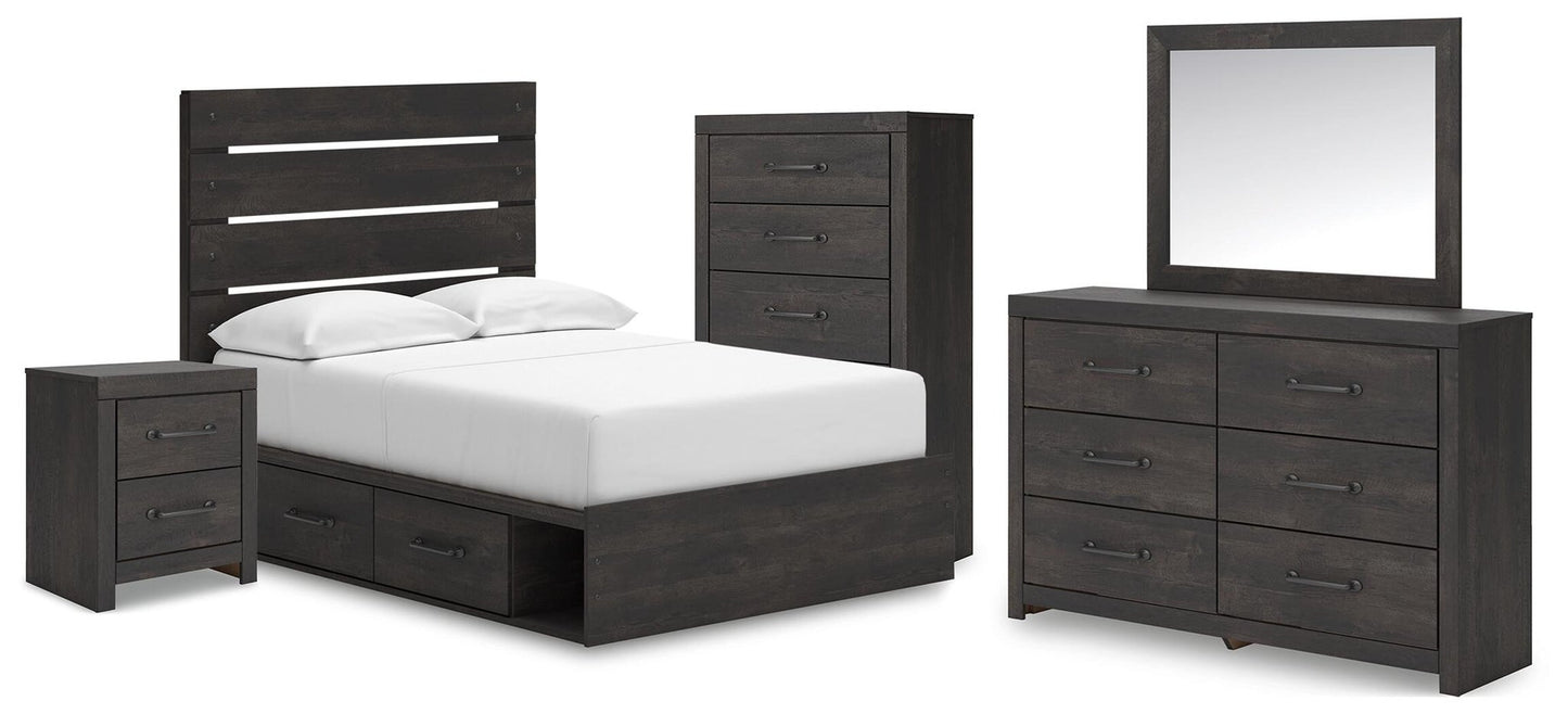 Delmorta Full Panel Bed with Storage, Dresser, Mirror, Chest and Nightstand
