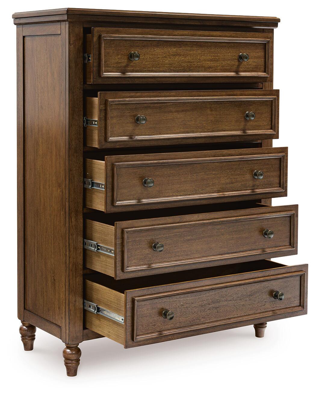 Sturlayne California King Upholstered Panel Bed, Dresser, Mirror, Chest and Nightstand