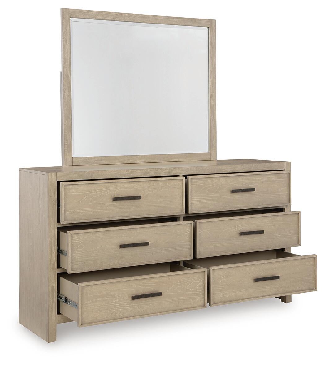 Calmoro Queen Bookcase Bed with Mirrored Dresser and Nightstand
