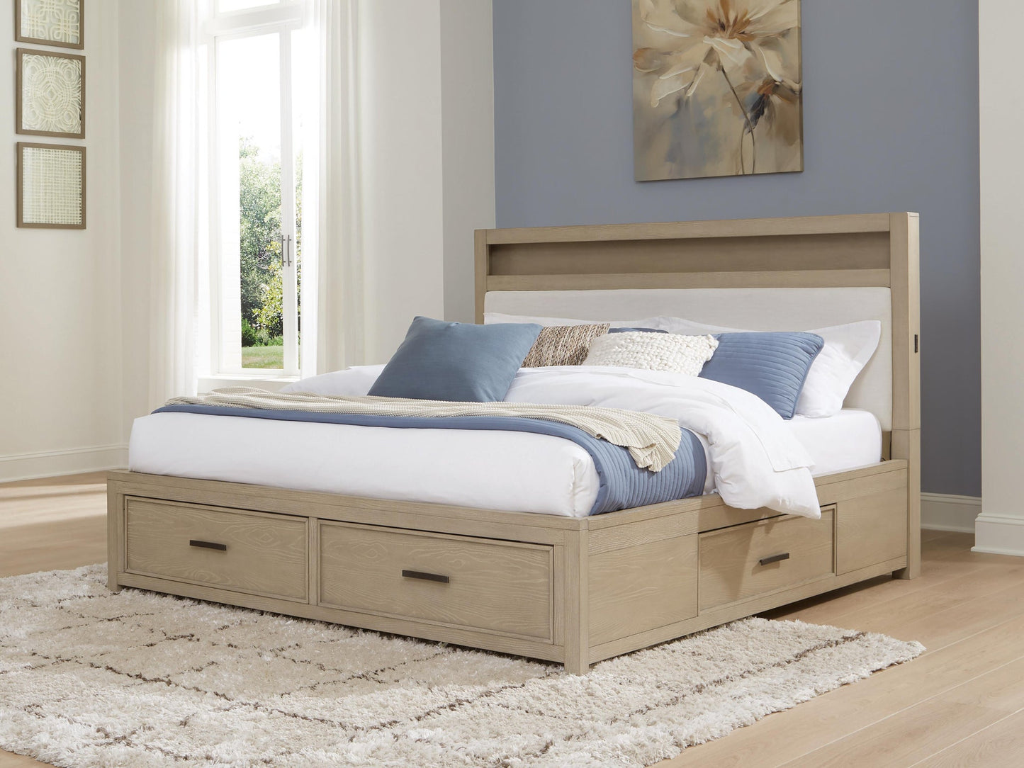 Calmoro California King Bookcase Bed with Mirrored Dresser and Nightstand