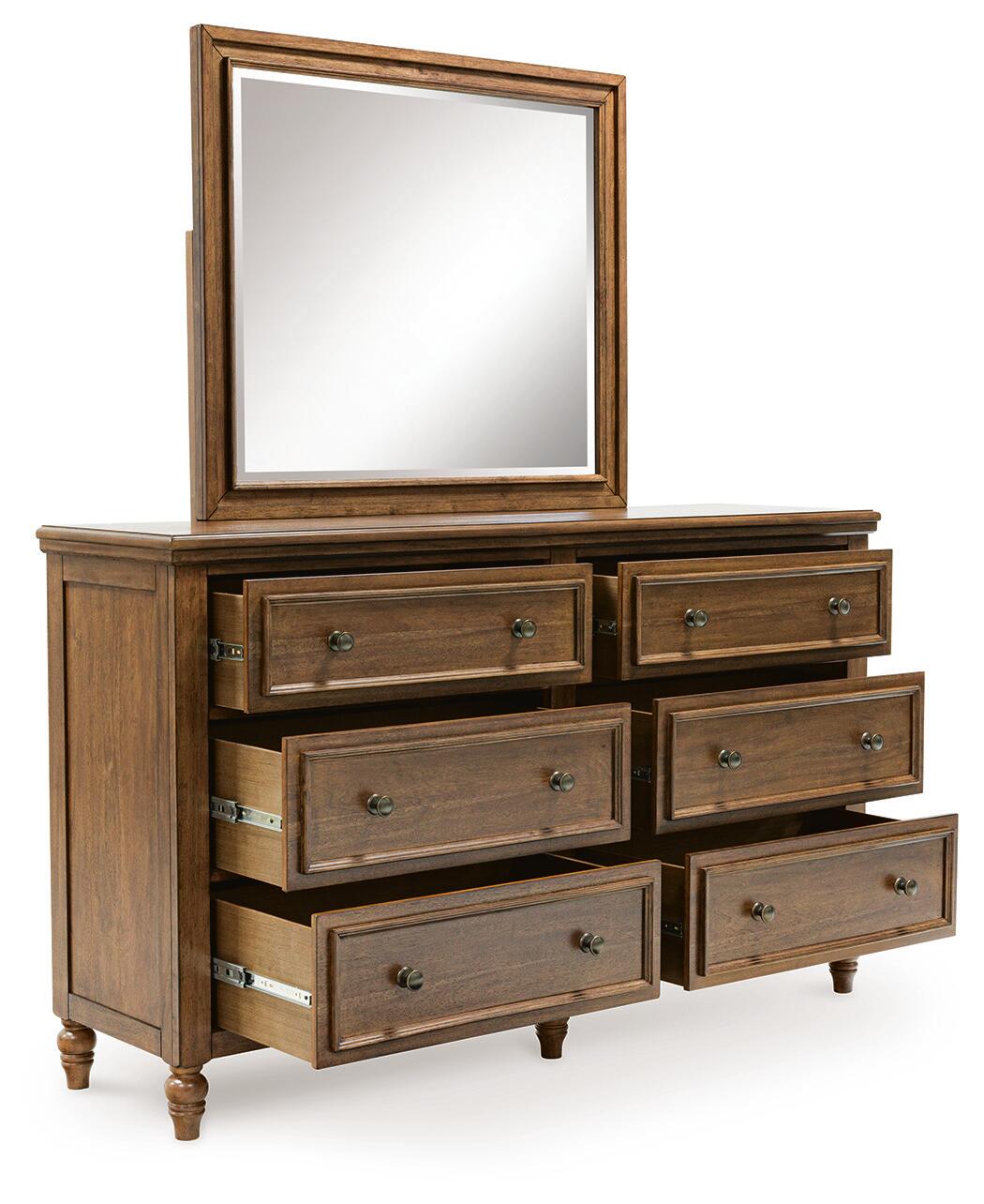 Sturlayne Queen Upholstered Panel Bed, Dresser and Mirror
