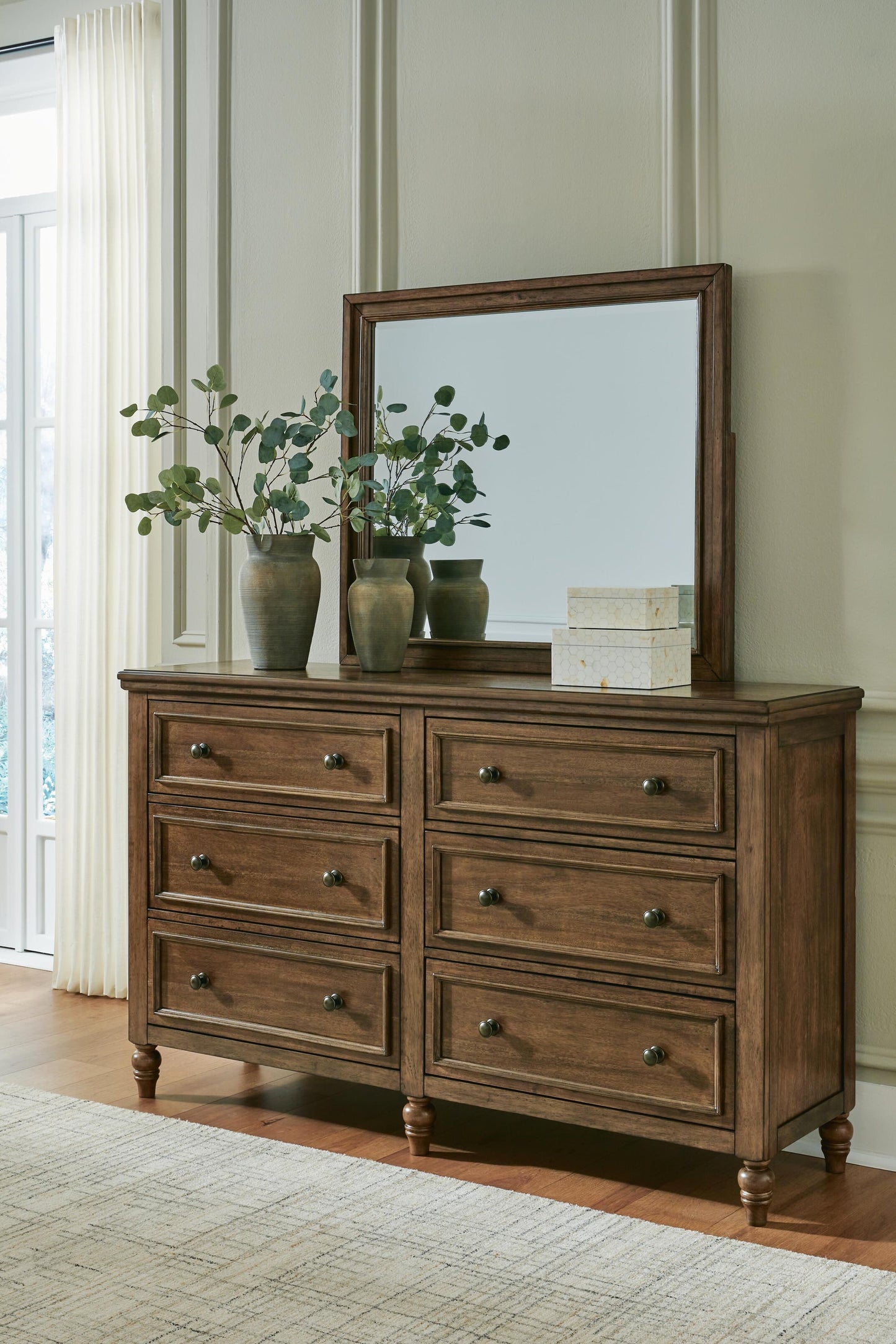 Sturlayne Queen Upholstered Panel Bed, Dresser and Mirror