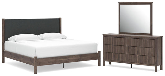 Cadmori King Upholstered Panel Platform Bed, Dresser and Mirror