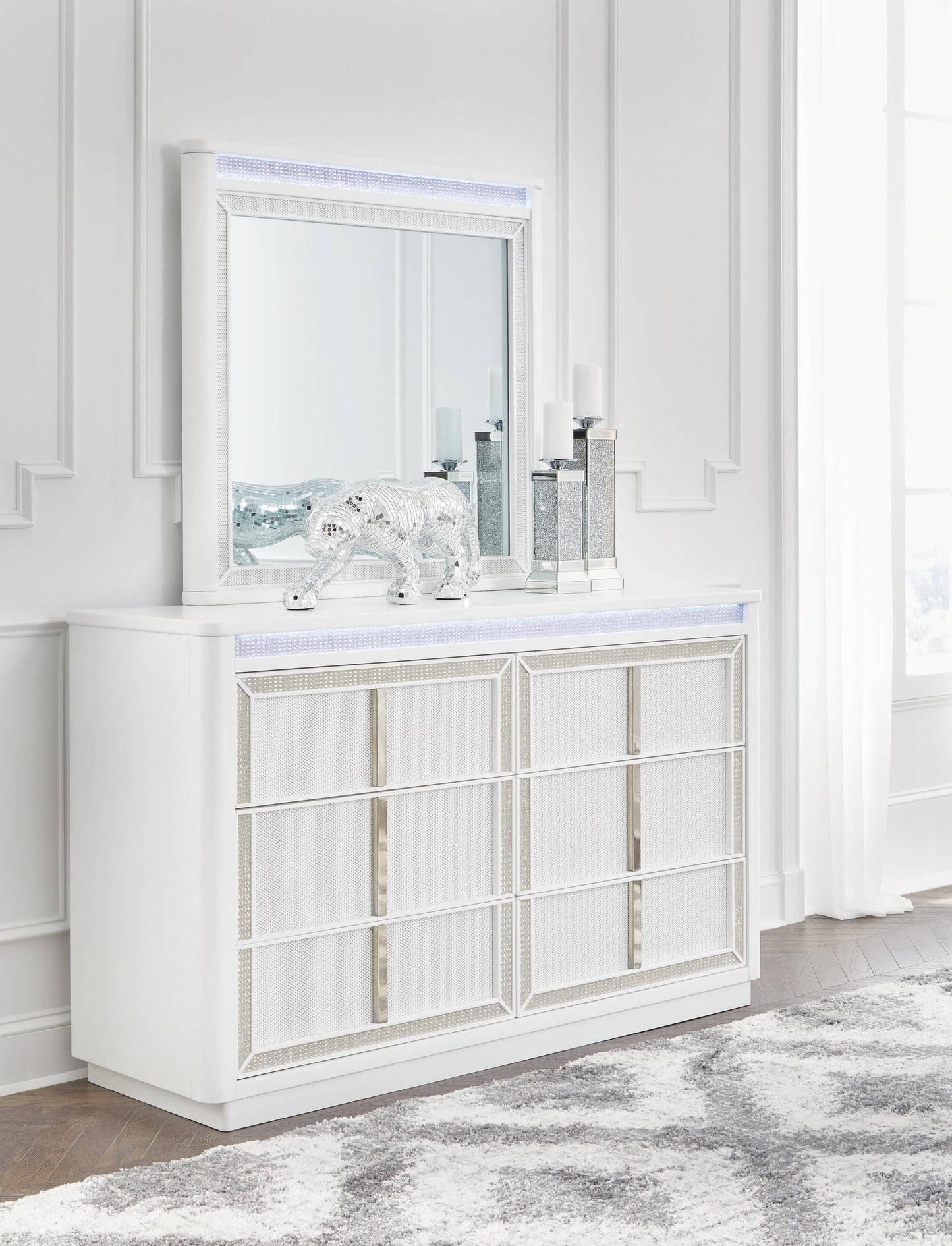 Chalanna King Upholstered Storage Bed, Dresser, Mirror and Nightstand