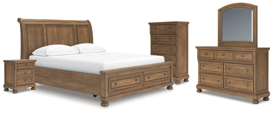 Vandenmore California King Storage Sleigh Bed with Mirrored Dresser, Chest and Nightstand