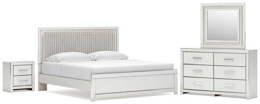 Birmonton King Upholstered Panel Platform Bed, Dresser, Mirror and Nightstand