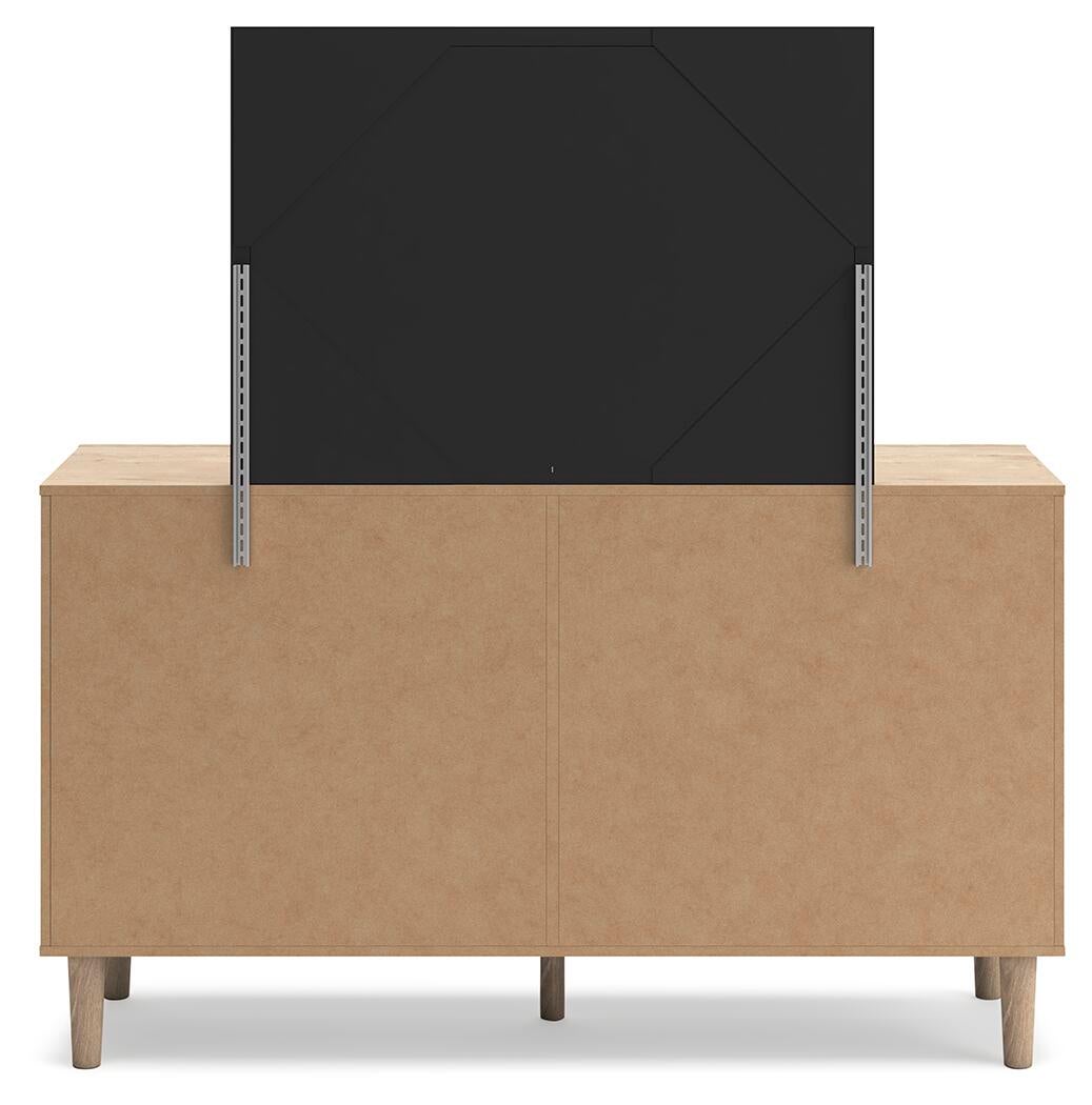 Cielden Full Upholstered Bed with Roll Slats, Dresser and Mirror