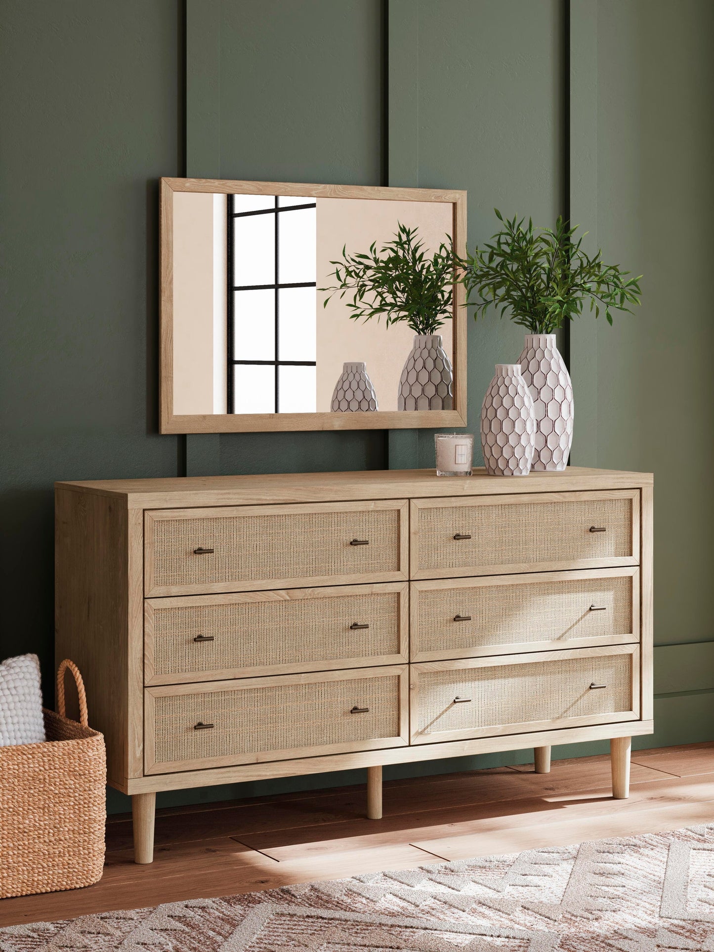Cielden Full Upholstered Bed with Roll Slats, Dresser and Mirror