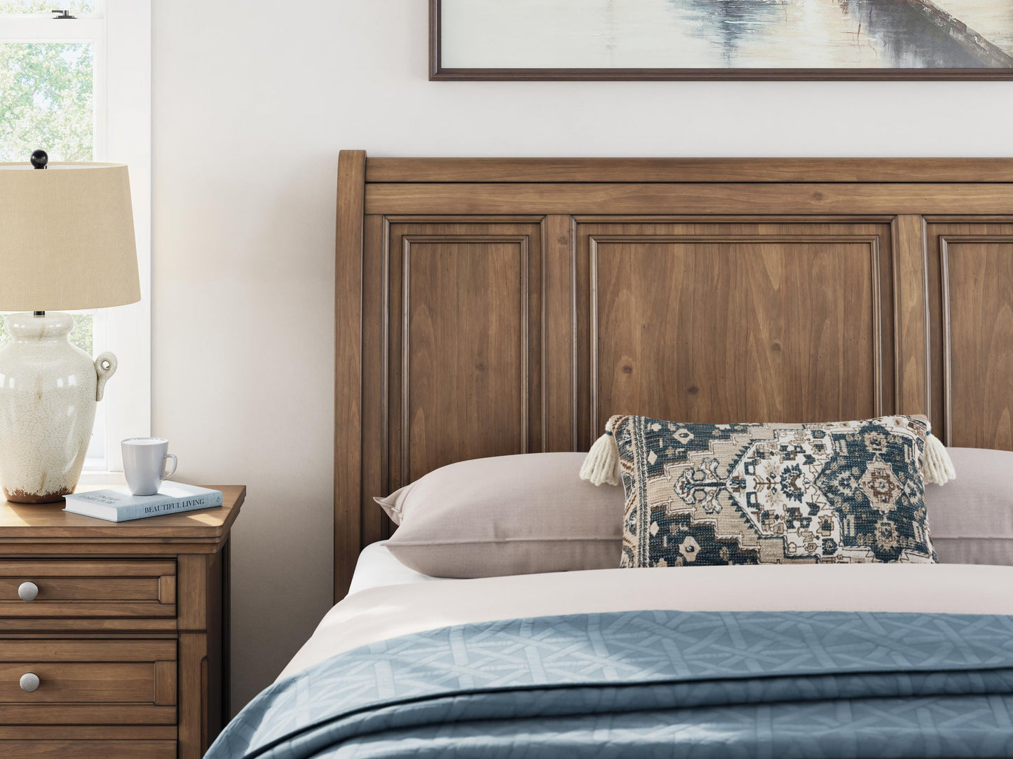 Vandenmore Queen Storage Sleigh Bed with Mirrored Dresser and Nightstand