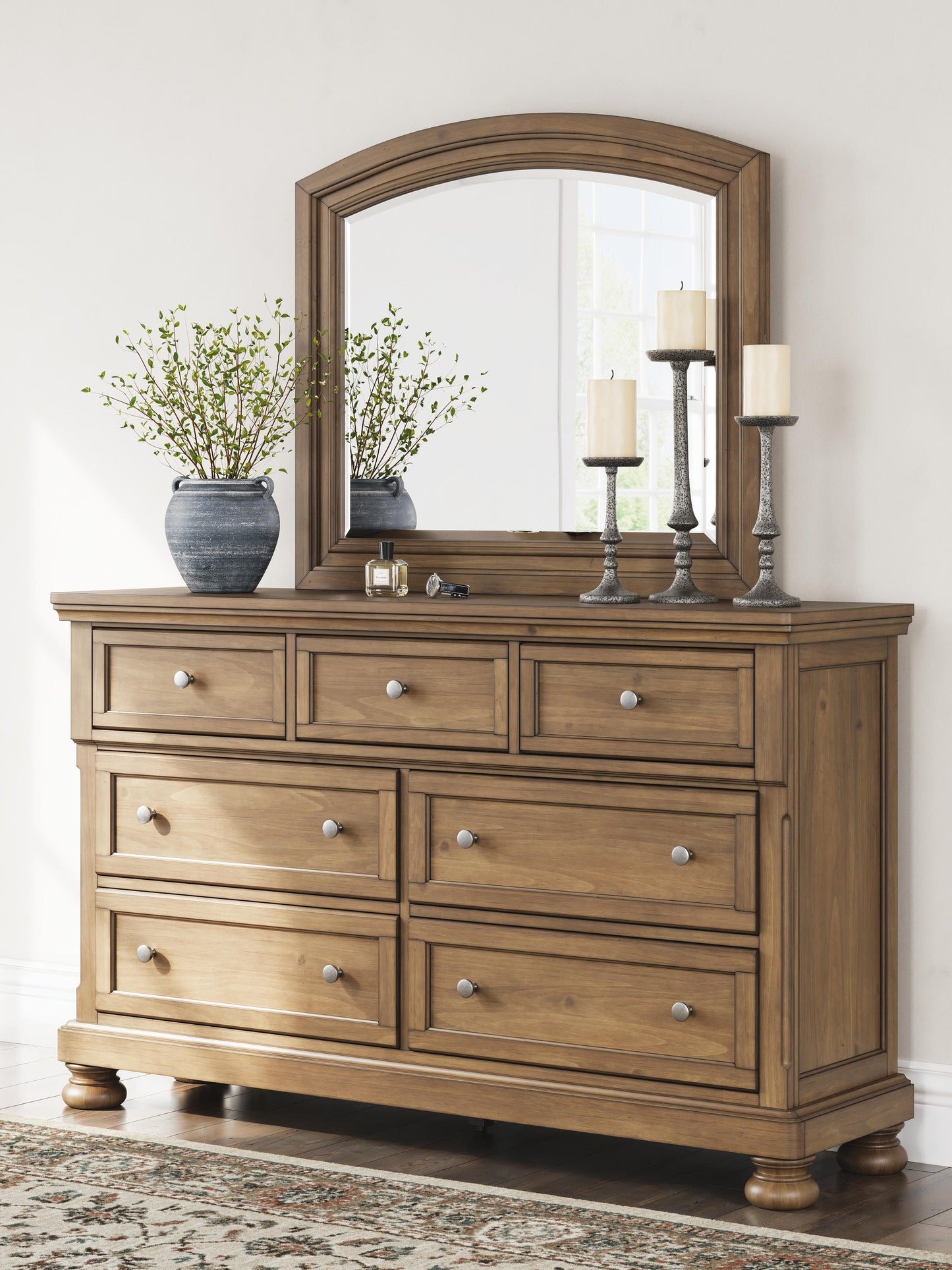 Vandenmore Queen Storage Sleigh Bed with Mirrored Dresser and Nightstand