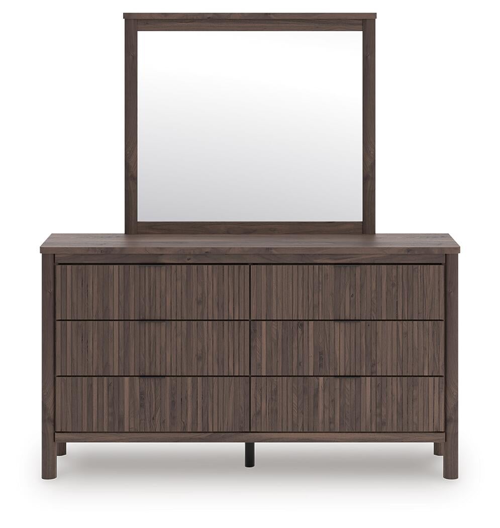 Cadmori Full Upholstered Panel Platform Bed, Dresser and Mirror