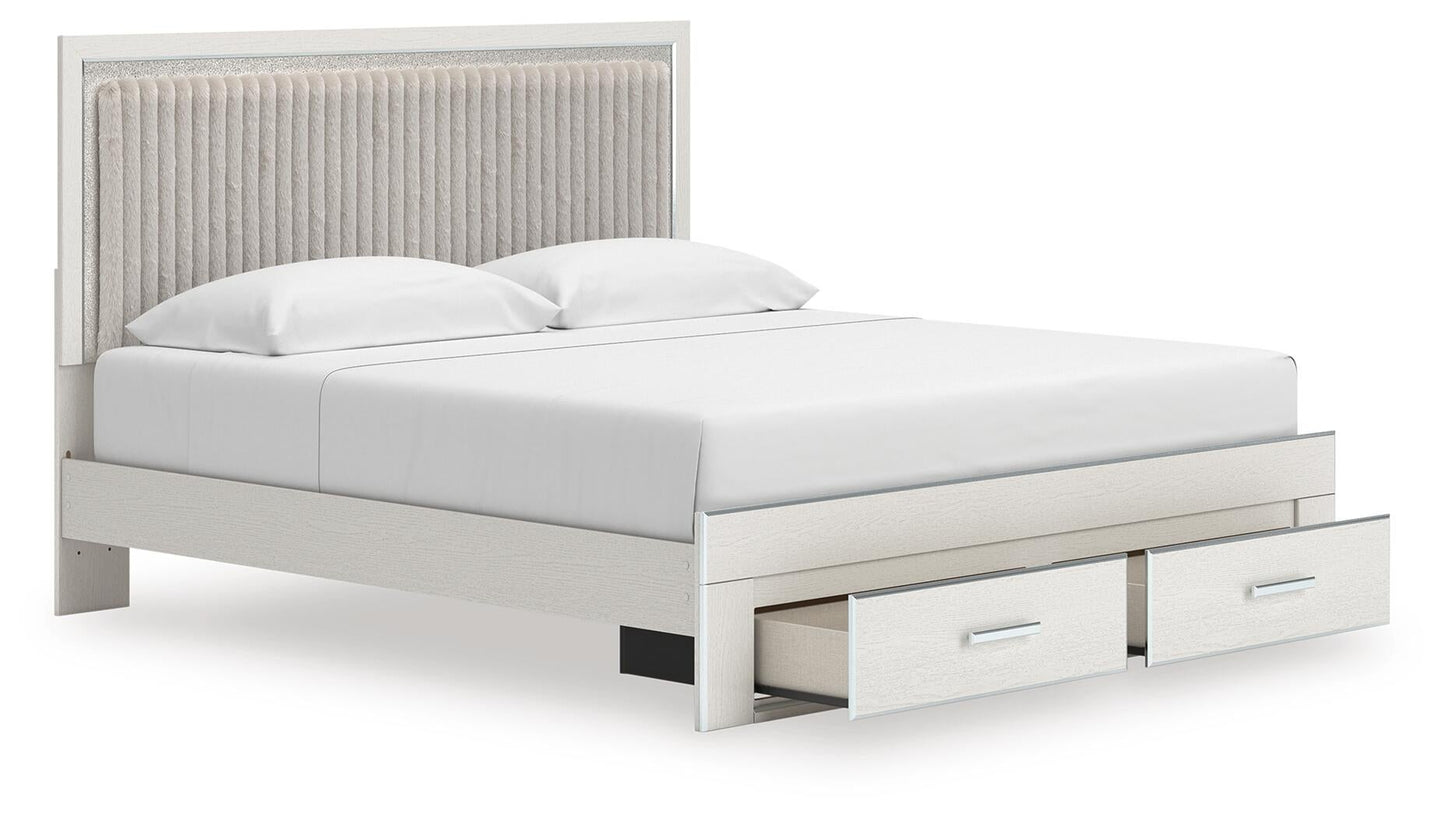 Birmonton King Upholstered Panel Platform Storage Bed, Dresser, Mirror and Nightstand