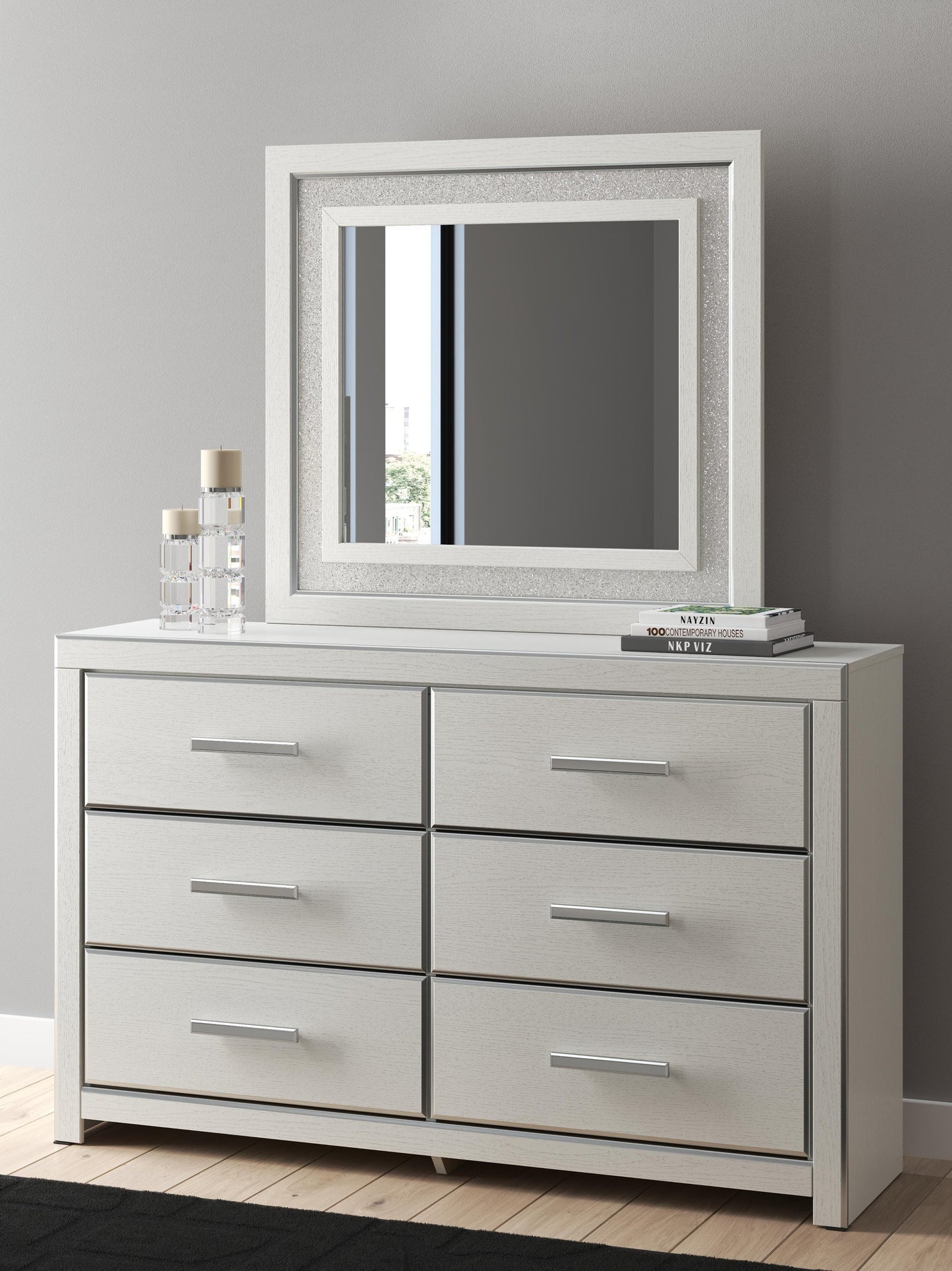 Birmonton King Upholstered Panel Platform Storage Bed, Dresser, Mirror and Nightstand