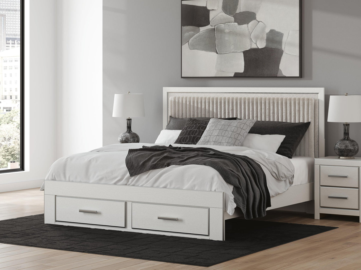 Birmonton King Upholstered Panel Platform Storage Bed, Dresser, Mirror and Nightstand