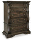 Maylee Queen Canopy Bed, Dresser, Mirror, Chest and Nightstand