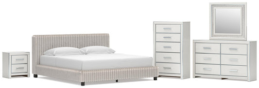 Birmonton King Upholstered Bed, Dresser, Mirror, Chest and Nightstand