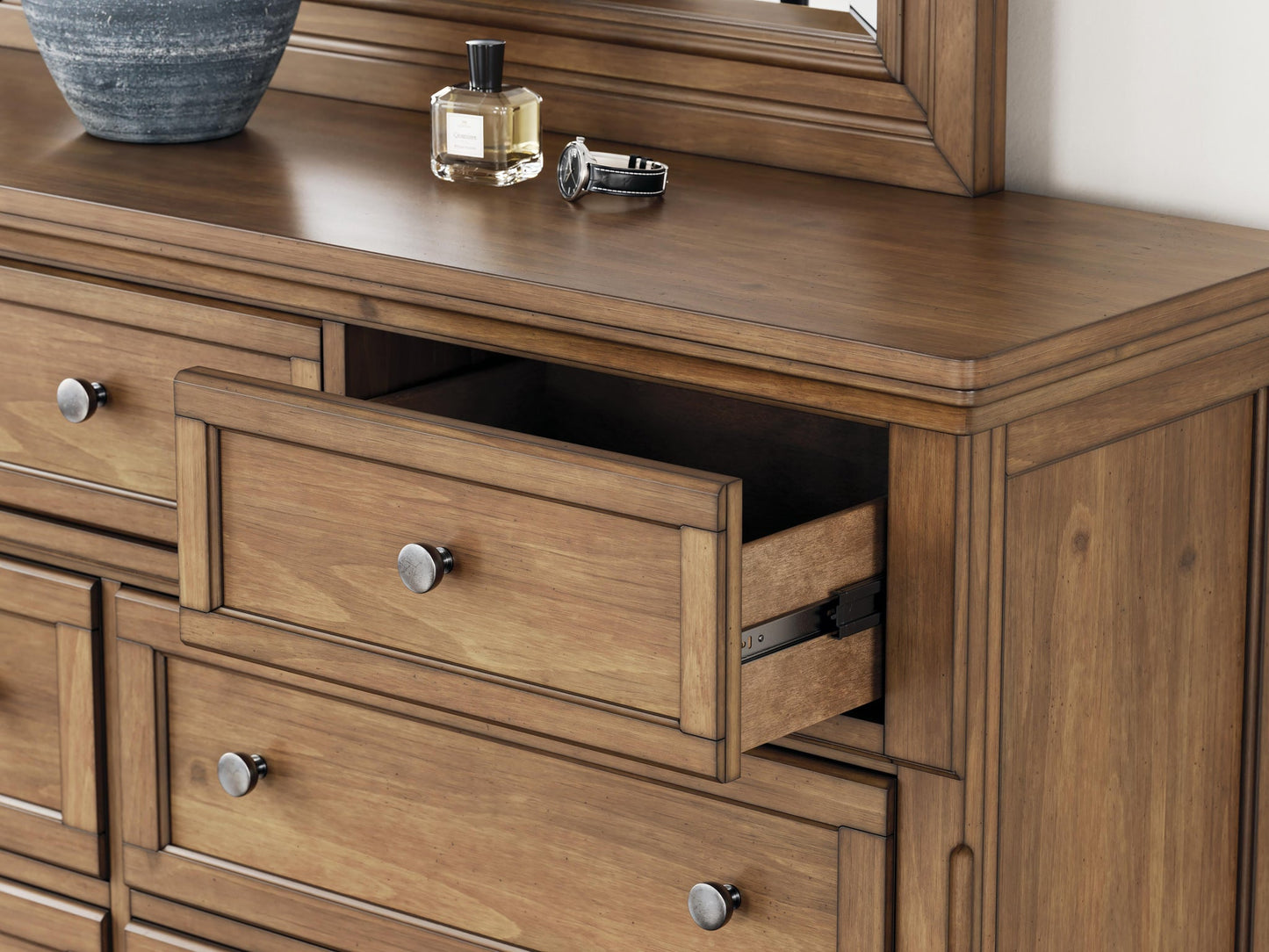 Vandenmore Queen Storage Sleigh Bed with Mirrored Dresser