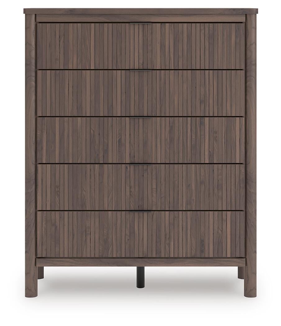 Cadmori King Upholstered Panel Platform Bed, Dresser, Mirror, Chest and Nightstand