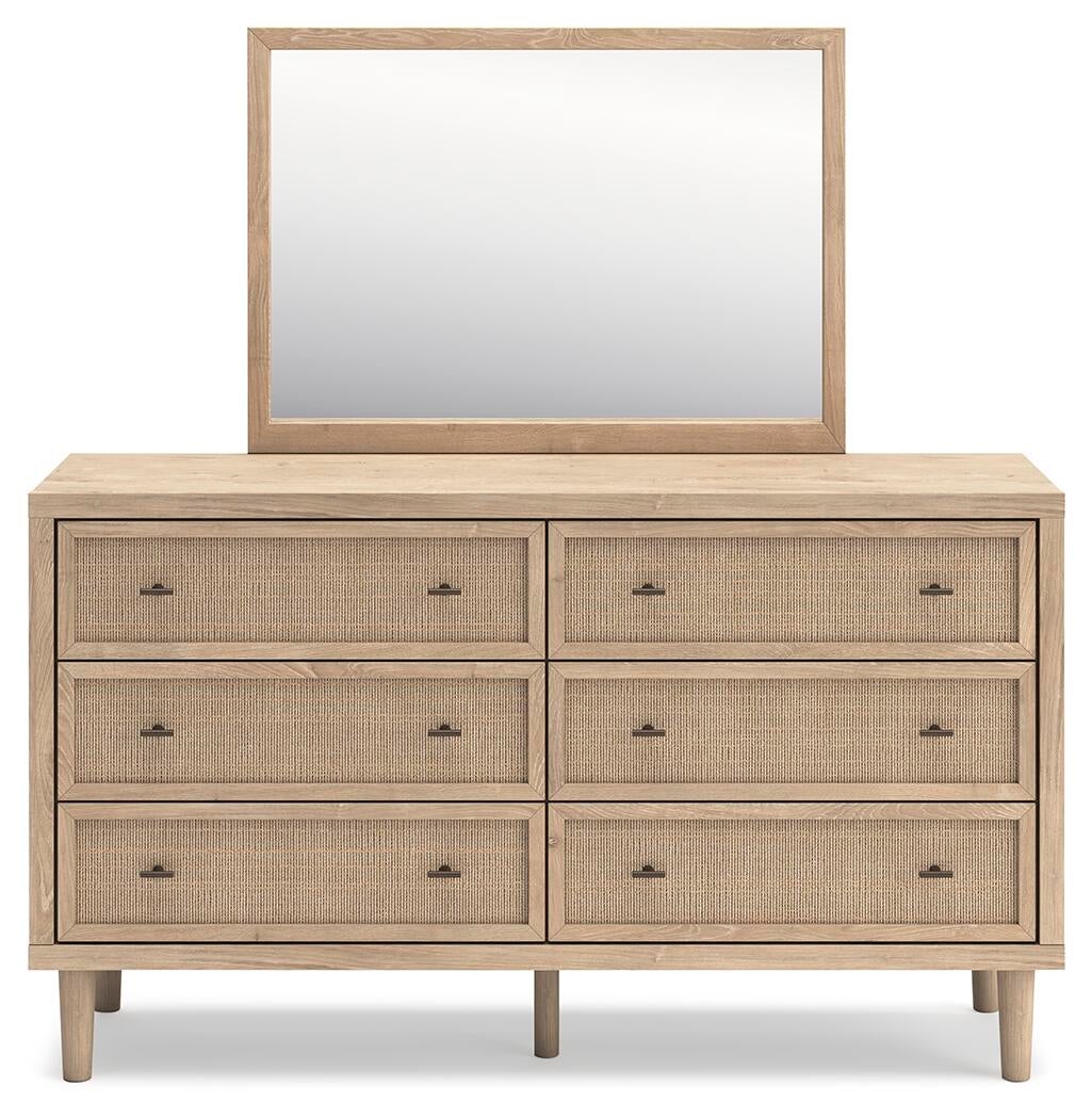 Cielden Queen Upholstered Bed with Roll Slats, Dresser, Mirror and Nightstand