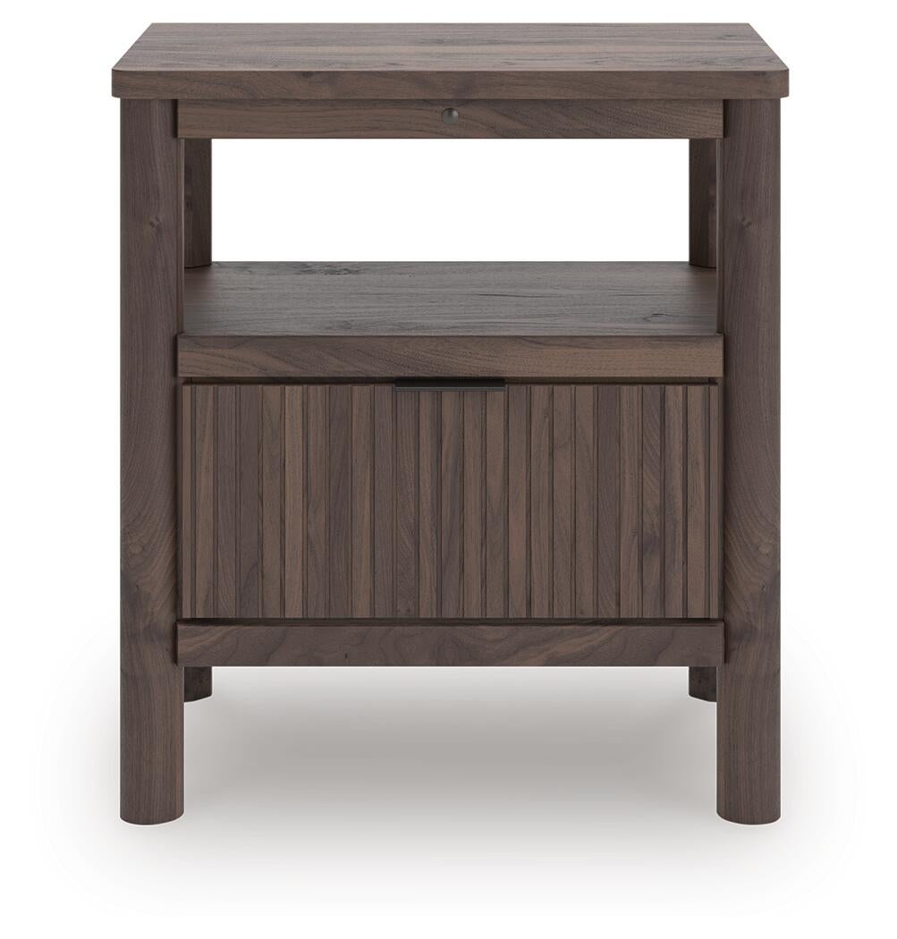 Cadmori King Upholstered Panel Platform Bed, Dresser, Mirror and Nightstand