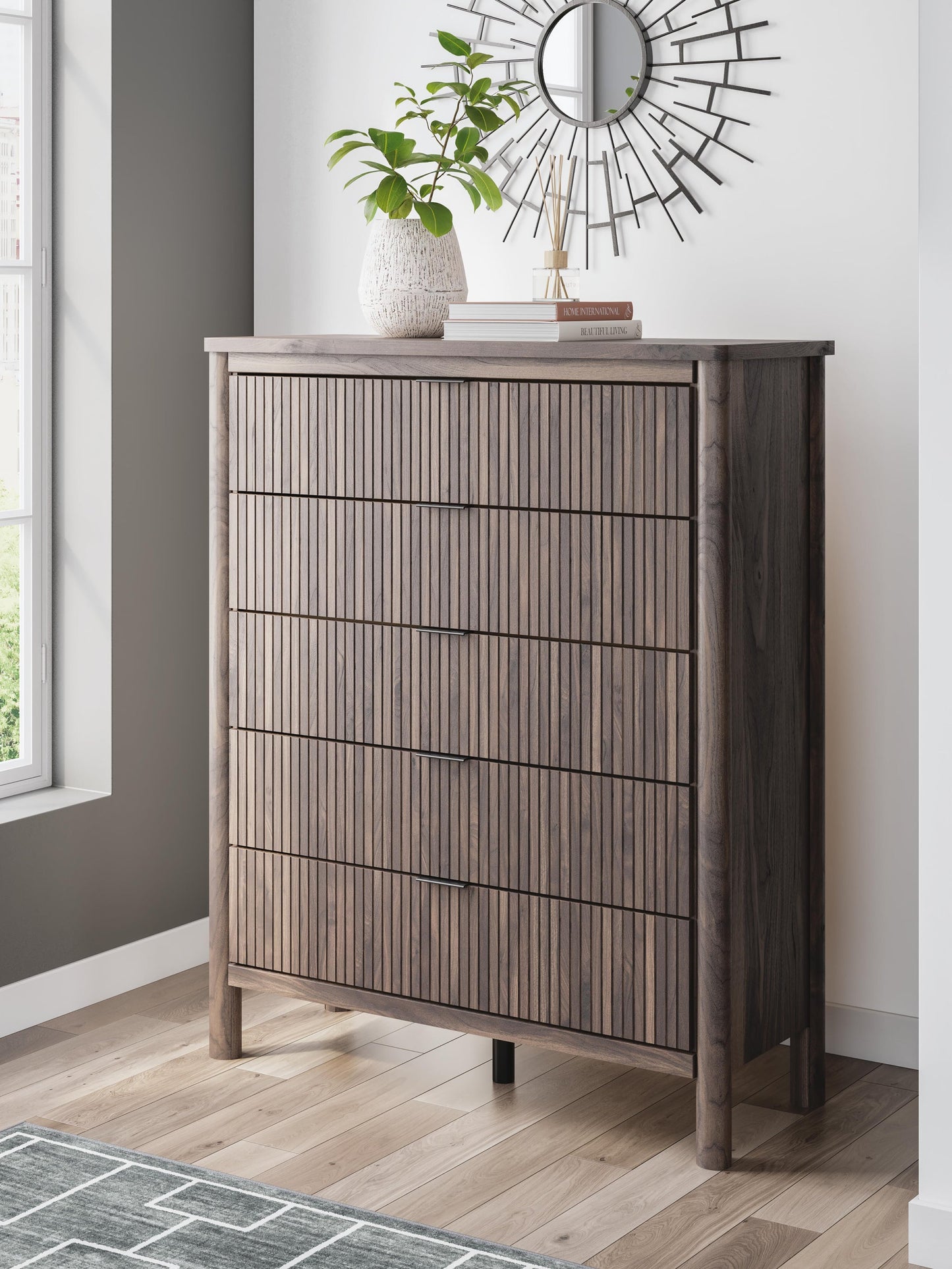 Cadmori Twin Upholstered Panel Bed, Dresser, Mirror, Chest and Nightstand