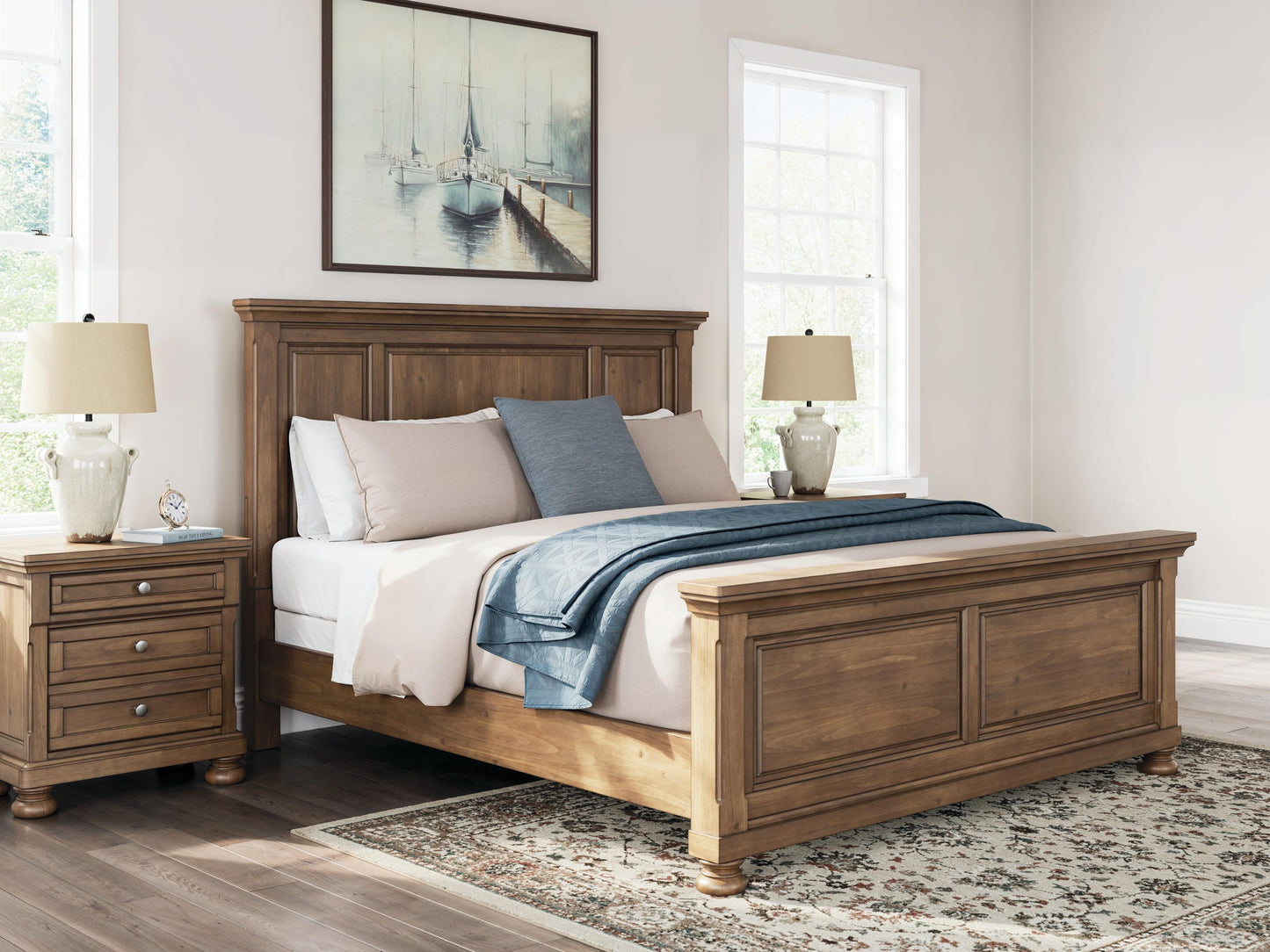 Vandenmore California King Panel Bed with Mirrored Dresser, Chest and Nightstand