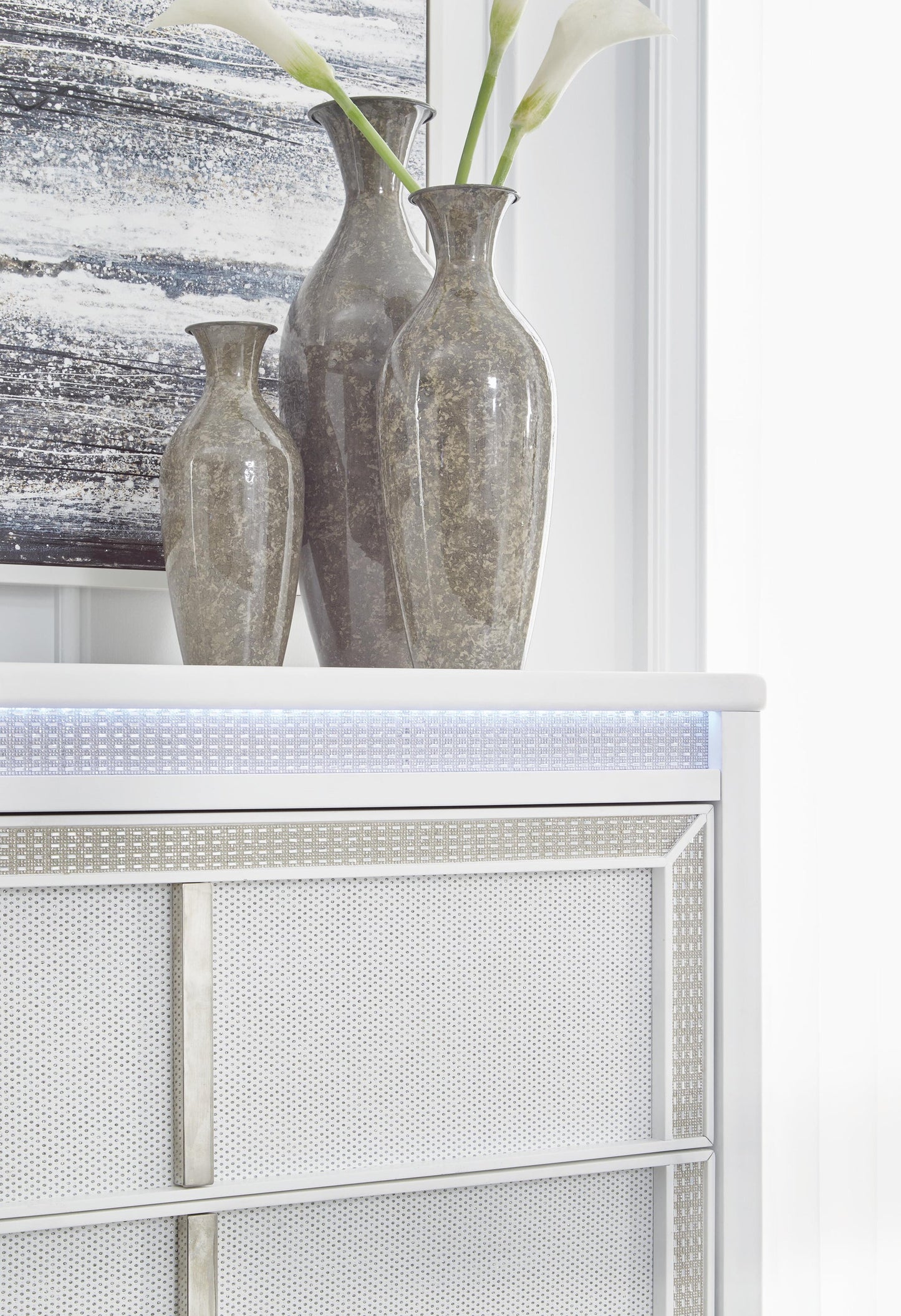 Chalanna California King Upholstered Storage Bed, Dresser, Mirror, Chest and Nightstand