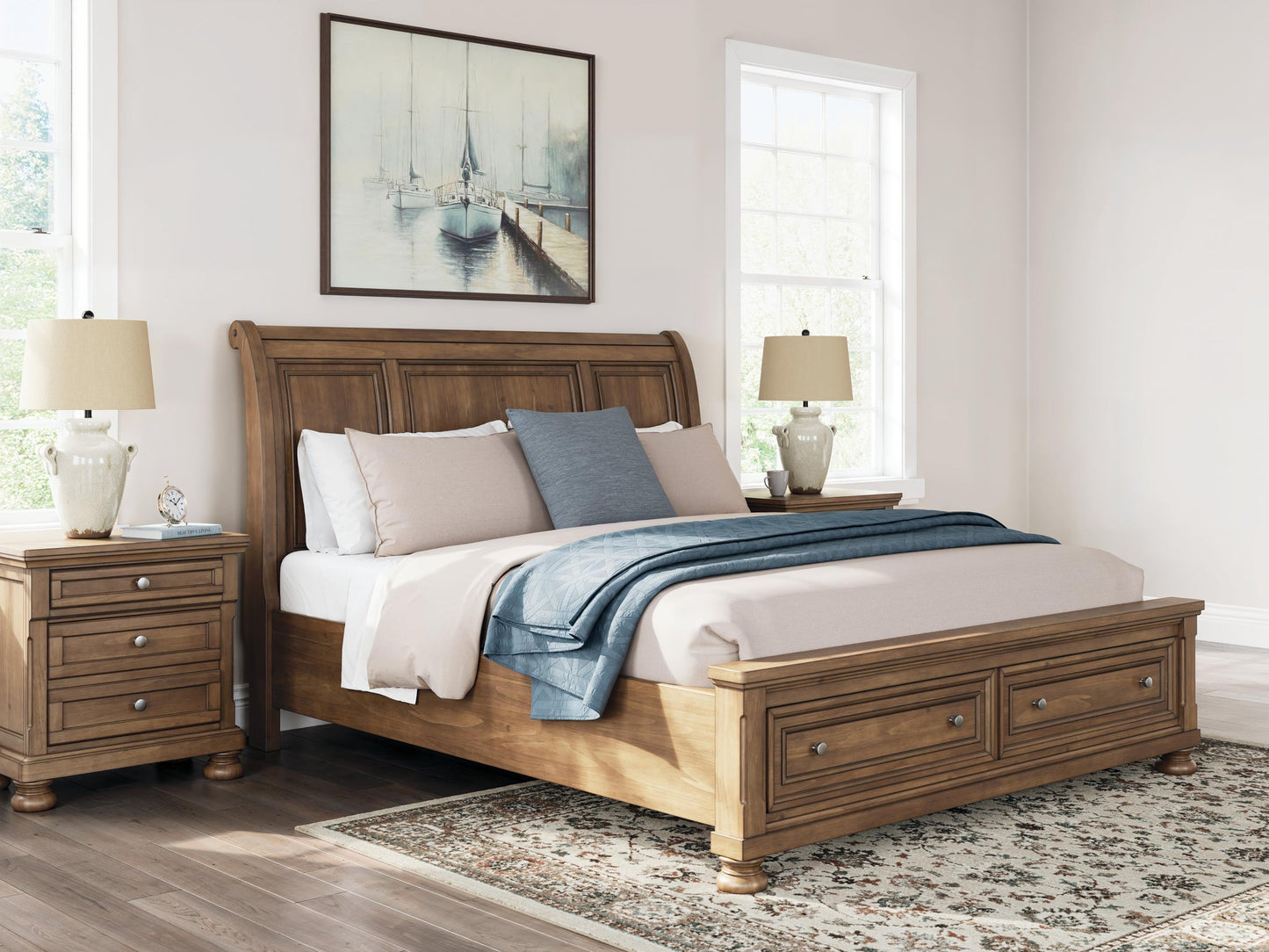 Vandenmore California King Storage Sleigh Bed with Mirrored Dresser