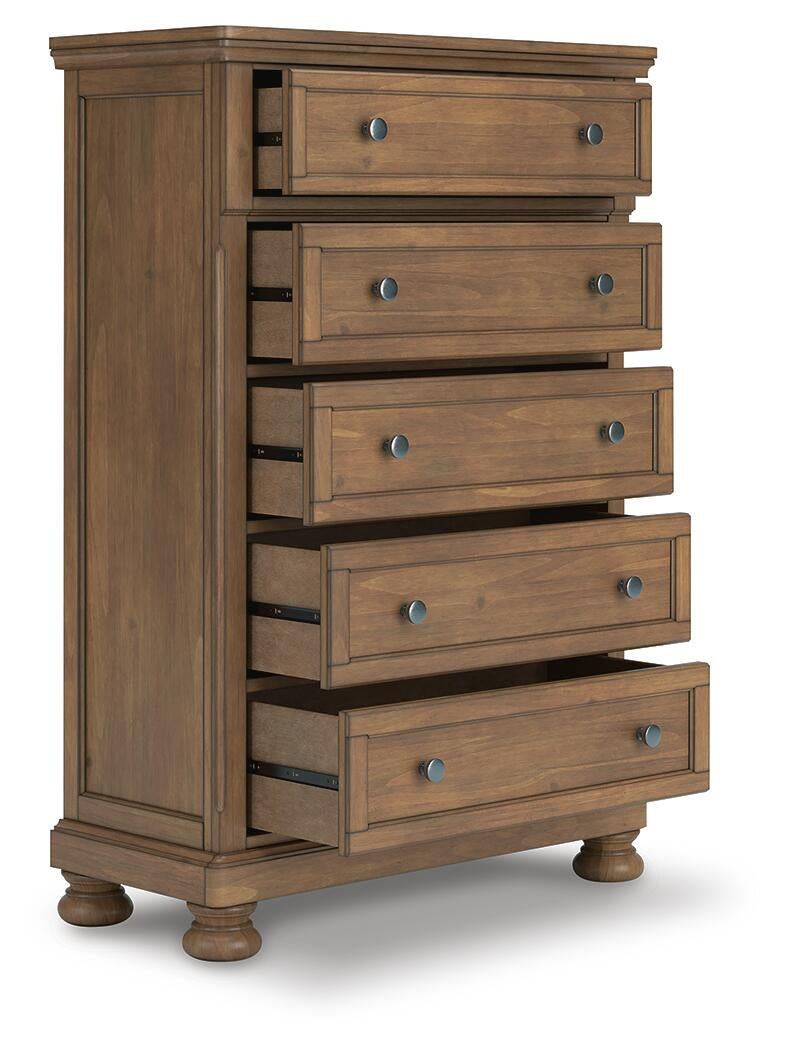 Vandenmore King Storage Sleigh Bed with Mirrored Dresser, Chest and Nightstand