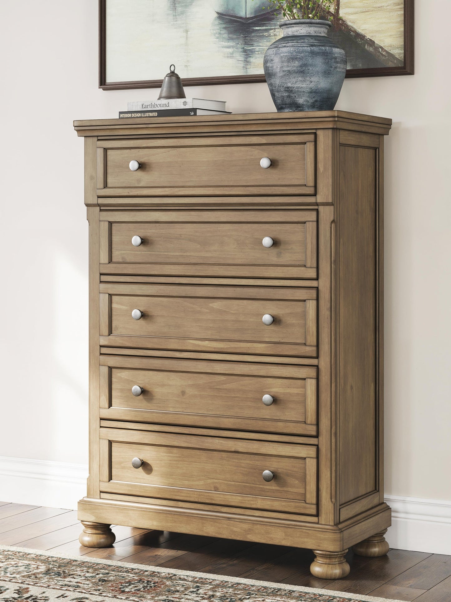 Vandenmore King Storage Sleigh Bed with Mirrored Dresser, Chest and Nightstand