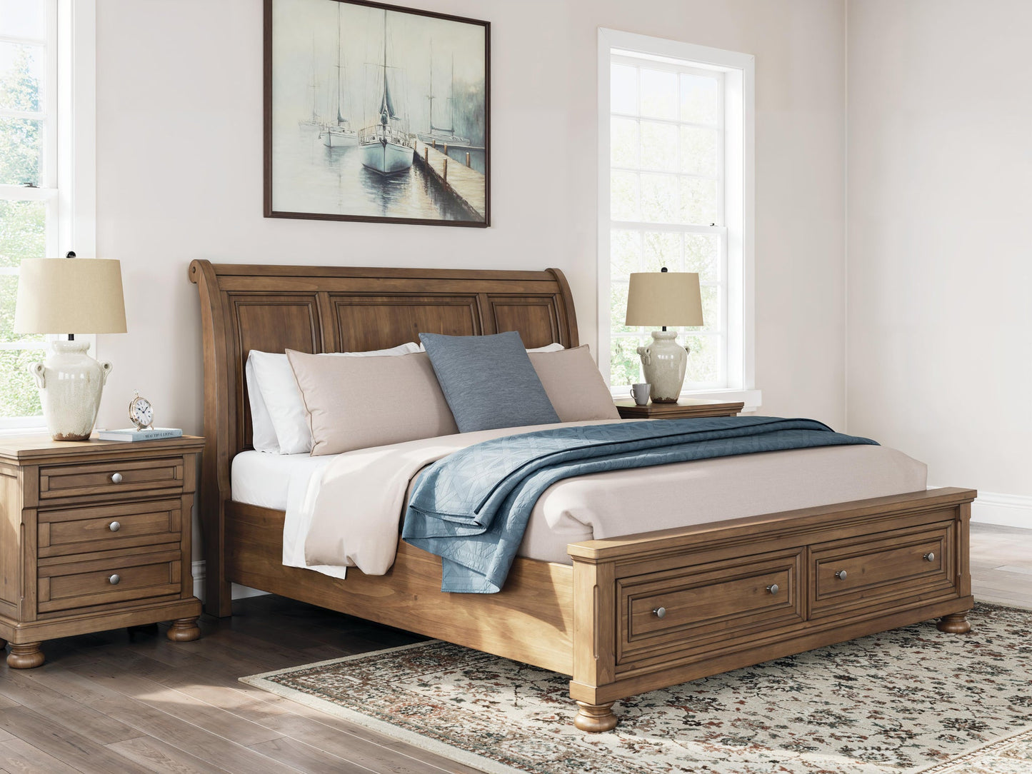 Vandenmore King Storage Sleigh Bed with Mirrored Dresser, Chest and Nightstand