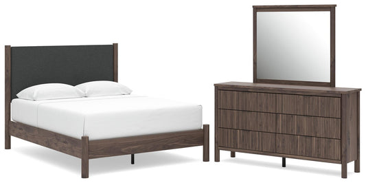 Cadmori Queen Upholstered Panel Platform Bed, Dresser and Mirror
