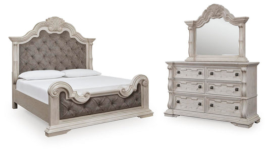 Andonhall California King Upholstered Panel Bed with Mirrored Dresser